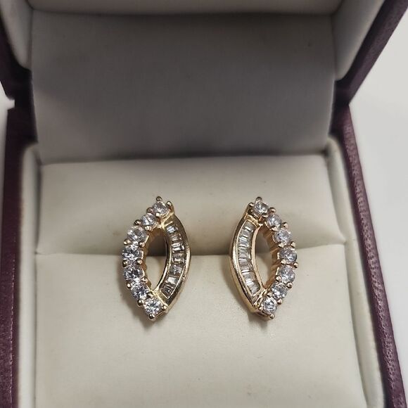 Sterling Silver Earrings With Gold Tone Overlay Cubic Zirconia - Picture 1 of 5